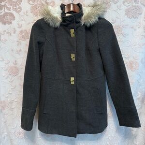 Maralyn & Me Faux Fur Trim Hooded Pea Coat Size Medium Charcoal Grey